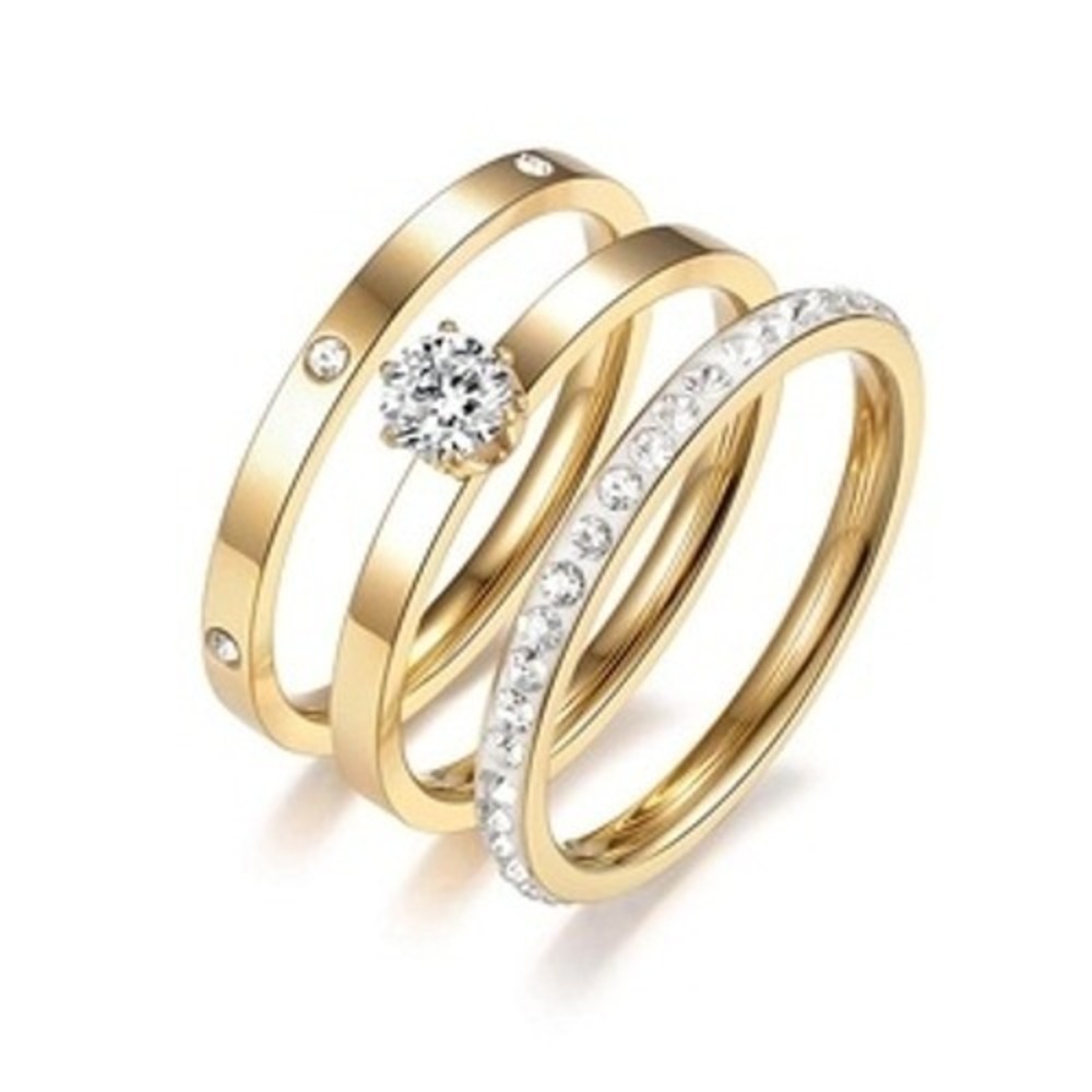 Gold Tone Stainless Steel 3 Piece Stackable‎ Ring Set Cubic Zirconia Size 6